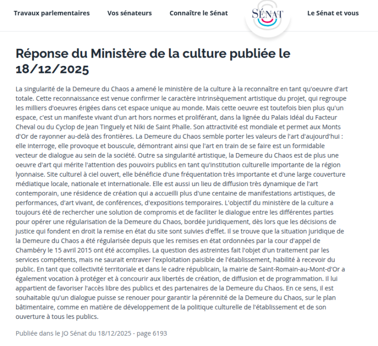 Réponse du Sénat au JO du 18.12.2025